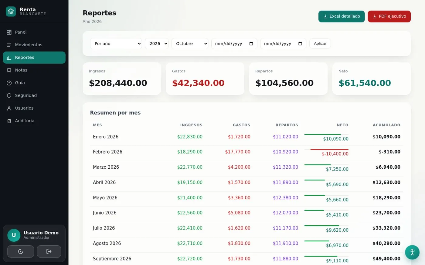 Reportes con exportación a Excel y PDF