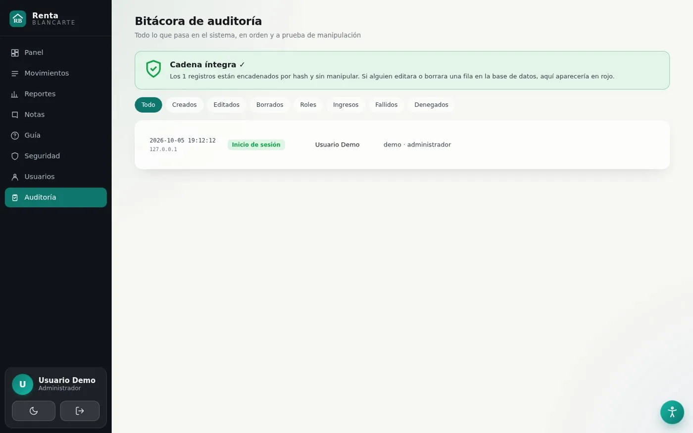 Bitácora de auditoría encadenada