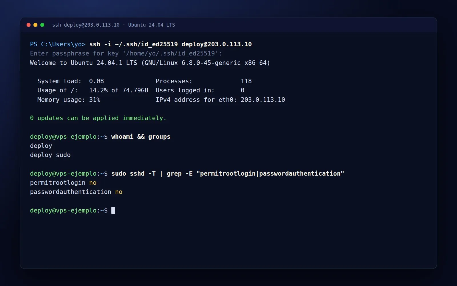 Entrada por SSH con llave, sin root ni contraseña