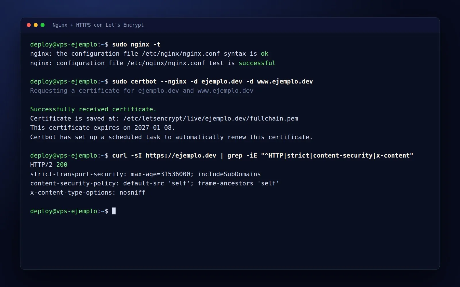 Nginx, certificado HTTPS y cabeceras de seguridad