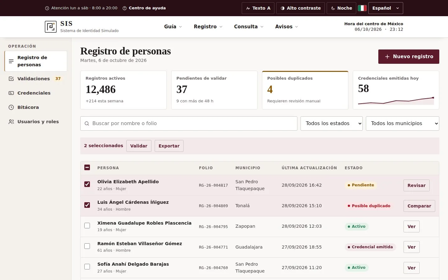 Panel del operador