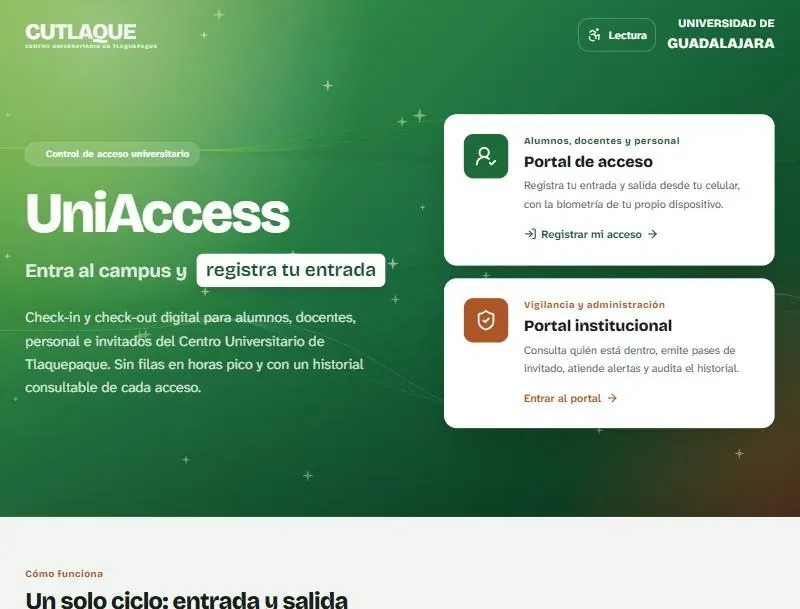Portada de UniAccess con el portal de acceso y el portal institucional